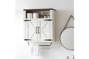 Wnutrees Farmhouse Medicine Cabinet with Two Barn Door, Rustic Wood Wall Cabinet with Adjustable Shelves, Over The Toilet Storage Cabinet with Towel Bar and Hooks for Bathroom, Laundry Room, White