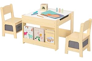 OOOK Kids Table and Chairs Ages 3-7, 4 in 1 Toddler Desk and Chair Set with Whiteboard, Blackboard, Storage Drawer and Book R