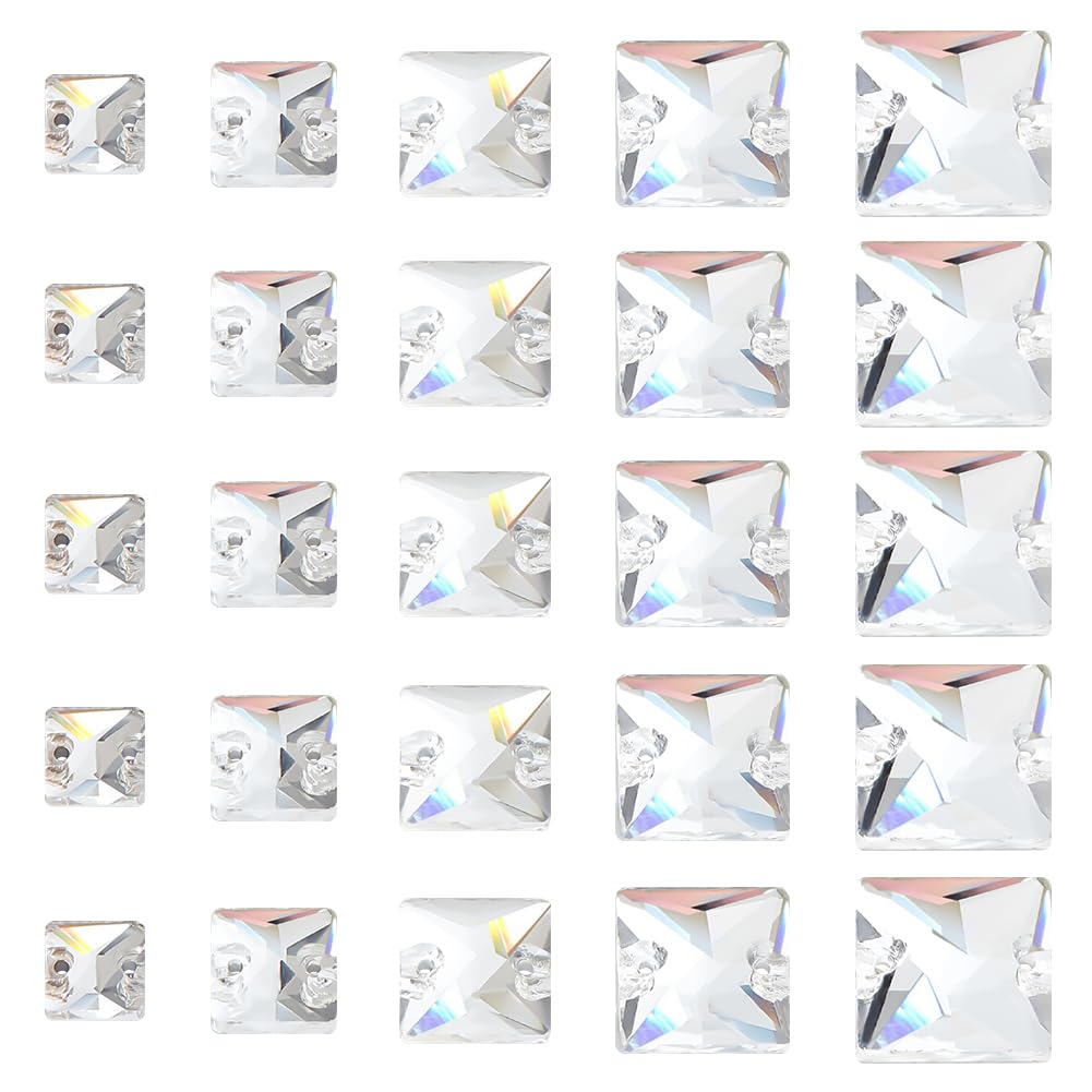 AHANDMAKER 75 Pcs Sew On Rhinestones, 5 Sizes Square Crystal AB Flat Back Sewing Stone Beads, 2-Holes Glass Connector Beads for Garments Accessories DIY Crafts Clothes Shoes Bag Decoration