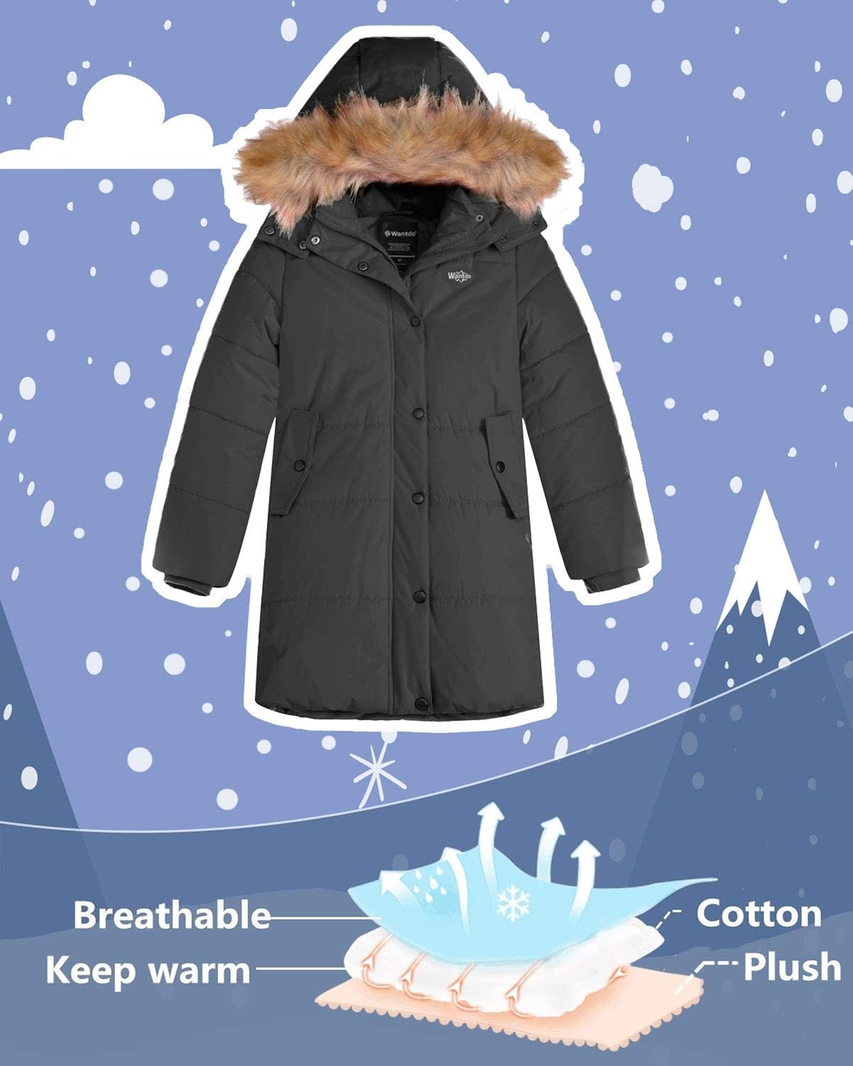 Wantdo Girl's Water-Resistant Winter Coat Thicken Fleece Lined Puffer Jacket Hooded Parka: Clothing