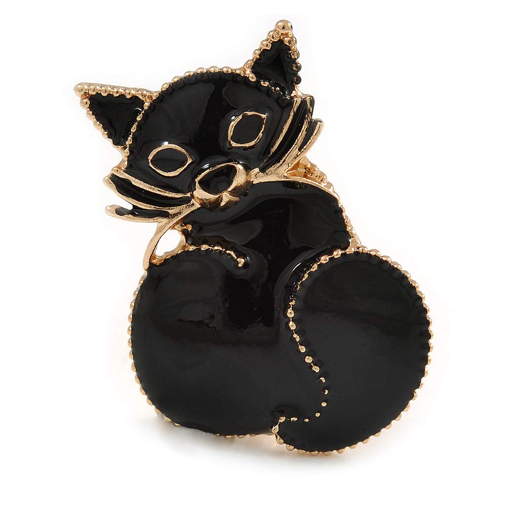 Black Enamel Cat Brooch/Pendant In Gold Tone - 35mm Tall