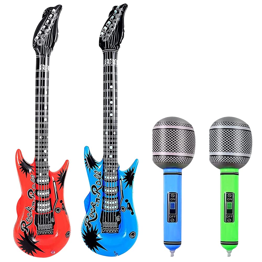 ADQUATOR 4pcs 100cm Guitar and 35cm Microphone Inflatable Balloons, Rock and Roll Musical Instruments Set for Adults Party Props Decorations