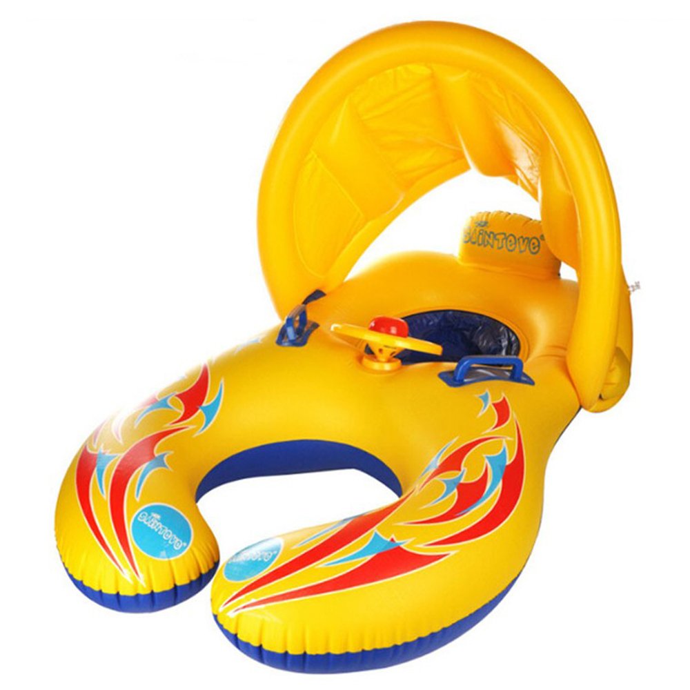 HONGCI Mother & Baby Newborn Swimming Float with Inflatable Sunshade Canopy, Swimming Ring, Swimming Pool Float Toy (Double Seat Boat for 6-36 Months Baby) - Yellow