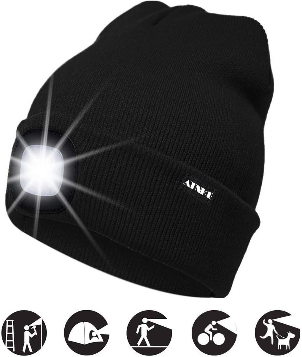 ATNKE LED Lighted Beanie Cap, USB Rechargeable Running Hat Ultra Bright 4 LED Waterproof Light Lamp and Flashing Alarm Headlamp Multi-Color