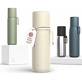 LARS NYSØM Stainless Steel Thermo Water Bottle - Double Wall Insulated Water Bottle with Cup & Carry Strap, Leakproof Metal Bottle for Travel, Office & Outdoor (Almond Beige, 17oz)