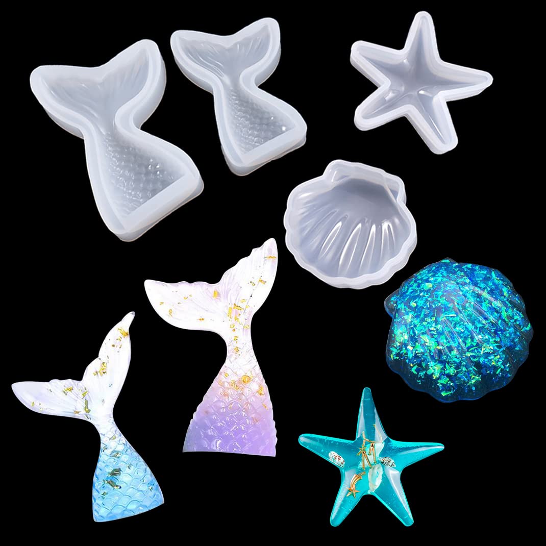 iSuperb 4 pcs Mermaid Tail Epoxy Resin Moulds Starfish Silicone Moulds Seashell Mould Jewelry Casting Moulds for Decoration Craft DIY