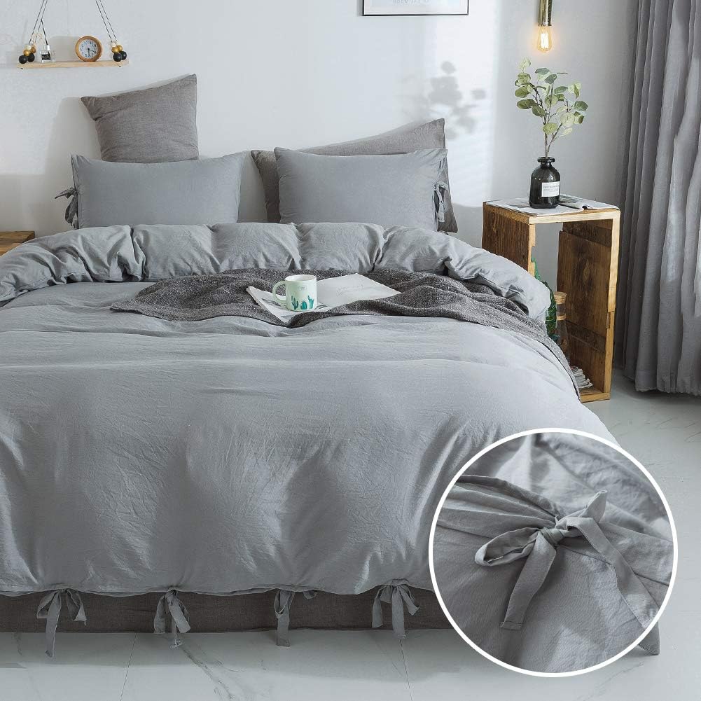 Annadaif Gray Duvet Cover Queen Size,3 Pieces Soft Washed Microfiber Duvet Cover Set ,Comforter Cover with Bowknot Bow Tie (1 Duvet Cover 90x90 Inch, 2 Pillowcases) Easy Care Bedding Set