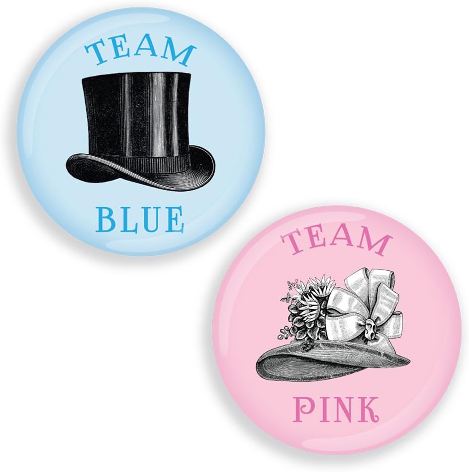 Gender reveal baby shower 20 Pin Badges VINTAGE HATS 59mm diameter