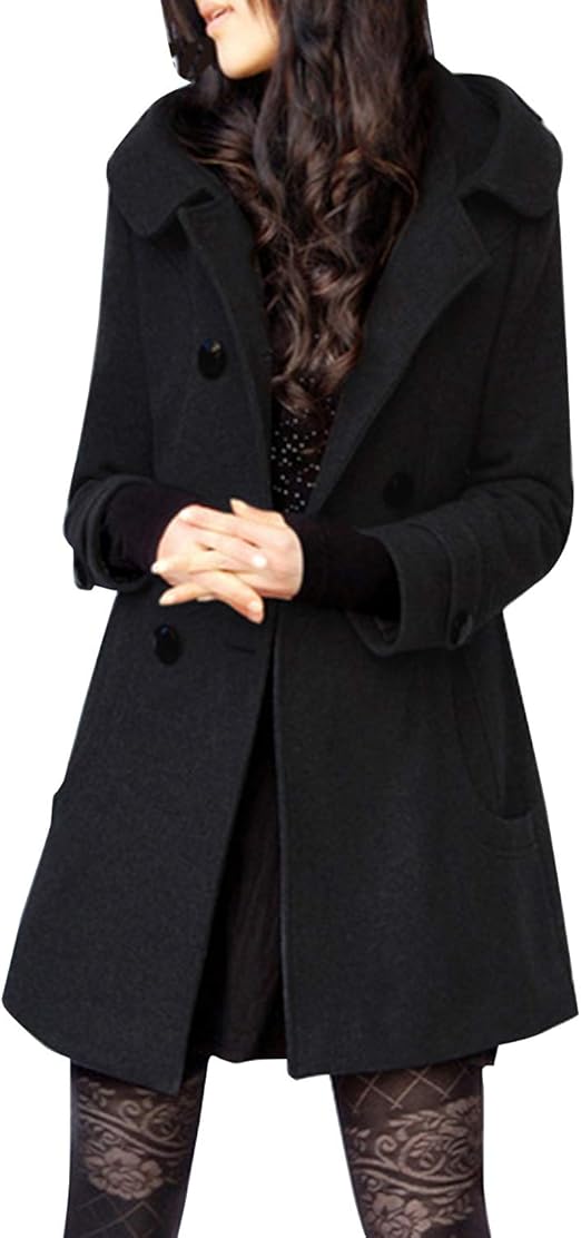 StarTreene Women's Hooded Overcoats Plus Size Double Breasted Midi