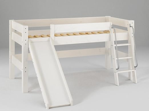 Dolphin Furniture halbhohes Moby Kinderbett mit Rutsche und Leiter Kiefer massiv, Farbton:Weiß