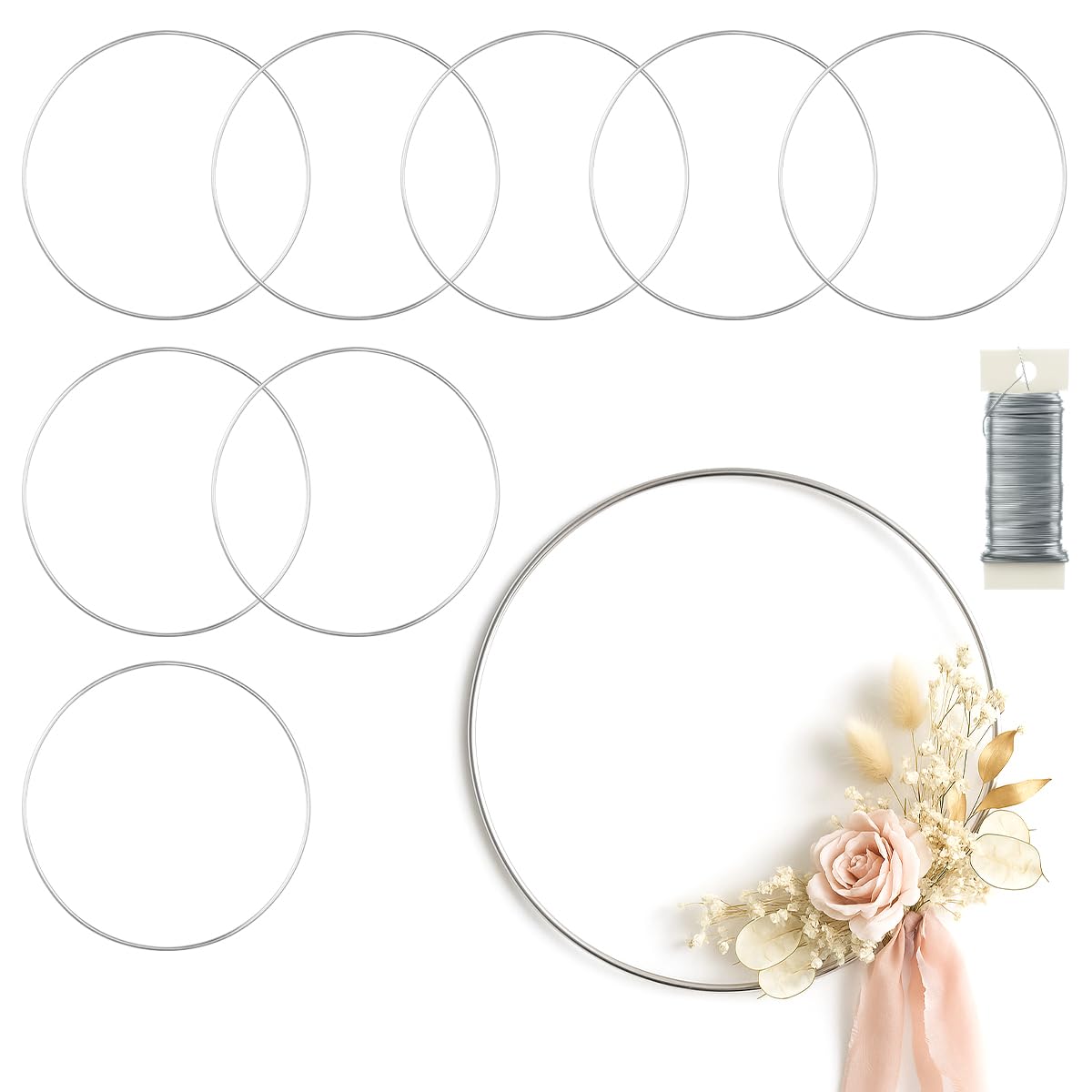 Photo 1 of 8 Pack Floral Hoop 10 Inches Metal Rings for Crafts Macrame Rings Hoop Dream Catcher Rings DIY Wedding Wreath Candle Rings Wreaths Craft Hoops Floral Ring for DIY Centerpiece Table Decorations, Silver