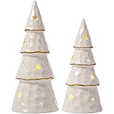 DN DECONATION White Christmas Ceramic Tree with Lights, Prelit Porcelain Tabletop Xmas Trees, 2Pcs Battery-Operated Christmas Tree Figurines for Christmas Mantel Desk Table Centerpieces Decor
