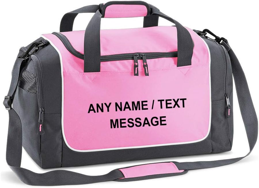 Personalised with Your own Text/Message/Any Name Themed Team wear Gym Bag Locker Bag Plain Holdall Kit Unisex Backpack Dance/Ballet/Weekend Bag. (Pink Grey)