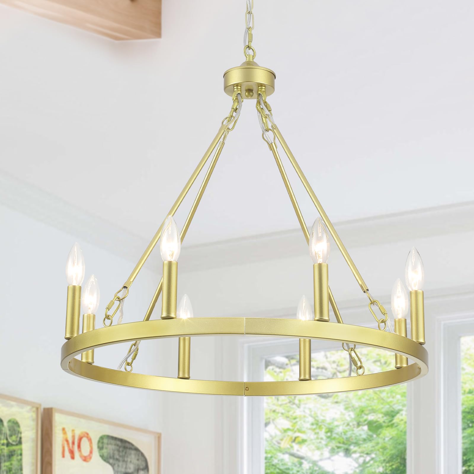 Photo 1 of 8-Light Gold Wagon Wheel Chandelier 23.6" Round Industrial Farmhouse Golden Light Fixtures Over Table Rustic Chandeliers for Dining Room Bedroom Living Room Foyer Kitchen Entryway Outdoor