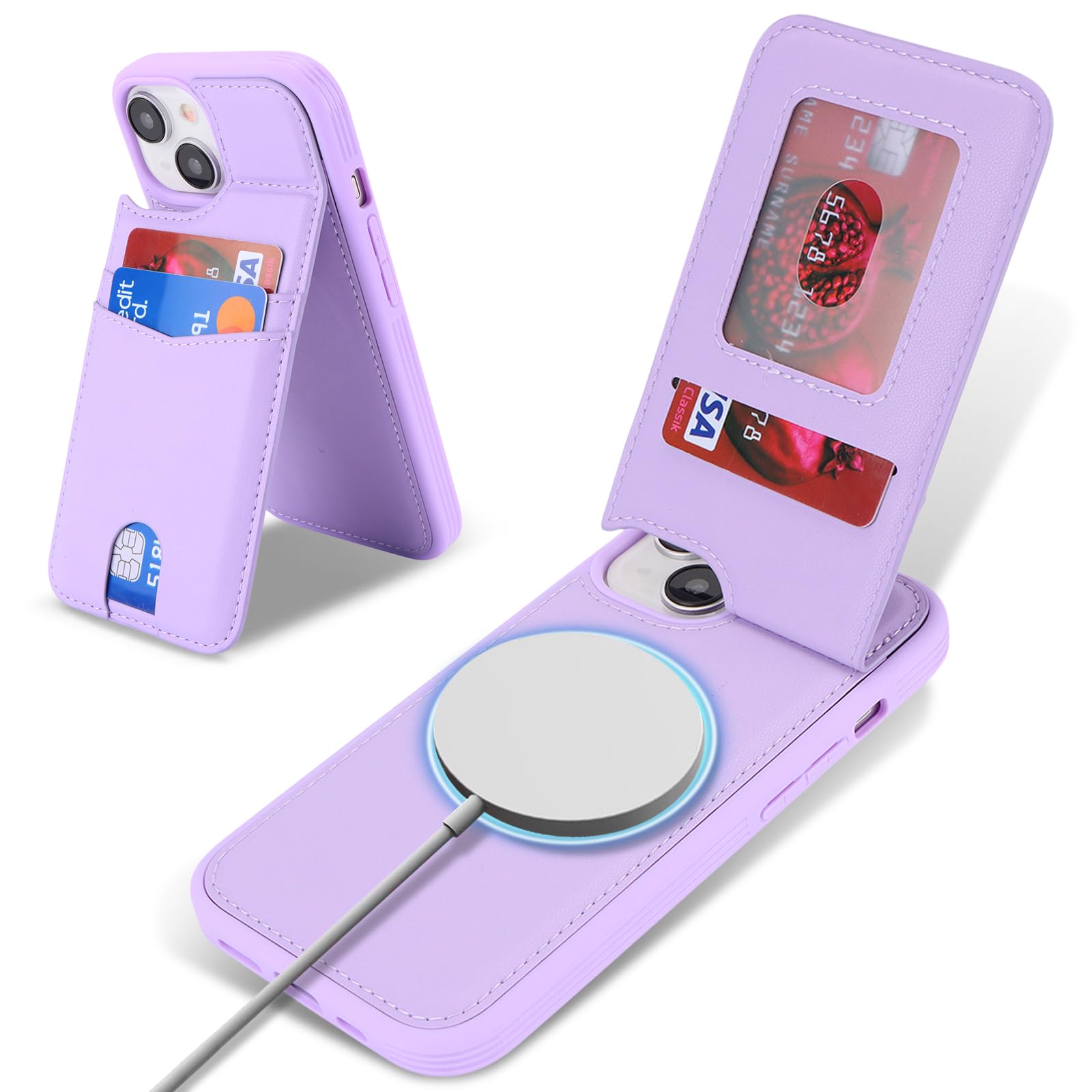 Photo 1 of ?????? case for iPhone 15 Plus magsafe Wallet Compatible with Card Holder Back Credit Slots PU Leather Stand Shockproof Phone Cover for Women and Men-Purple