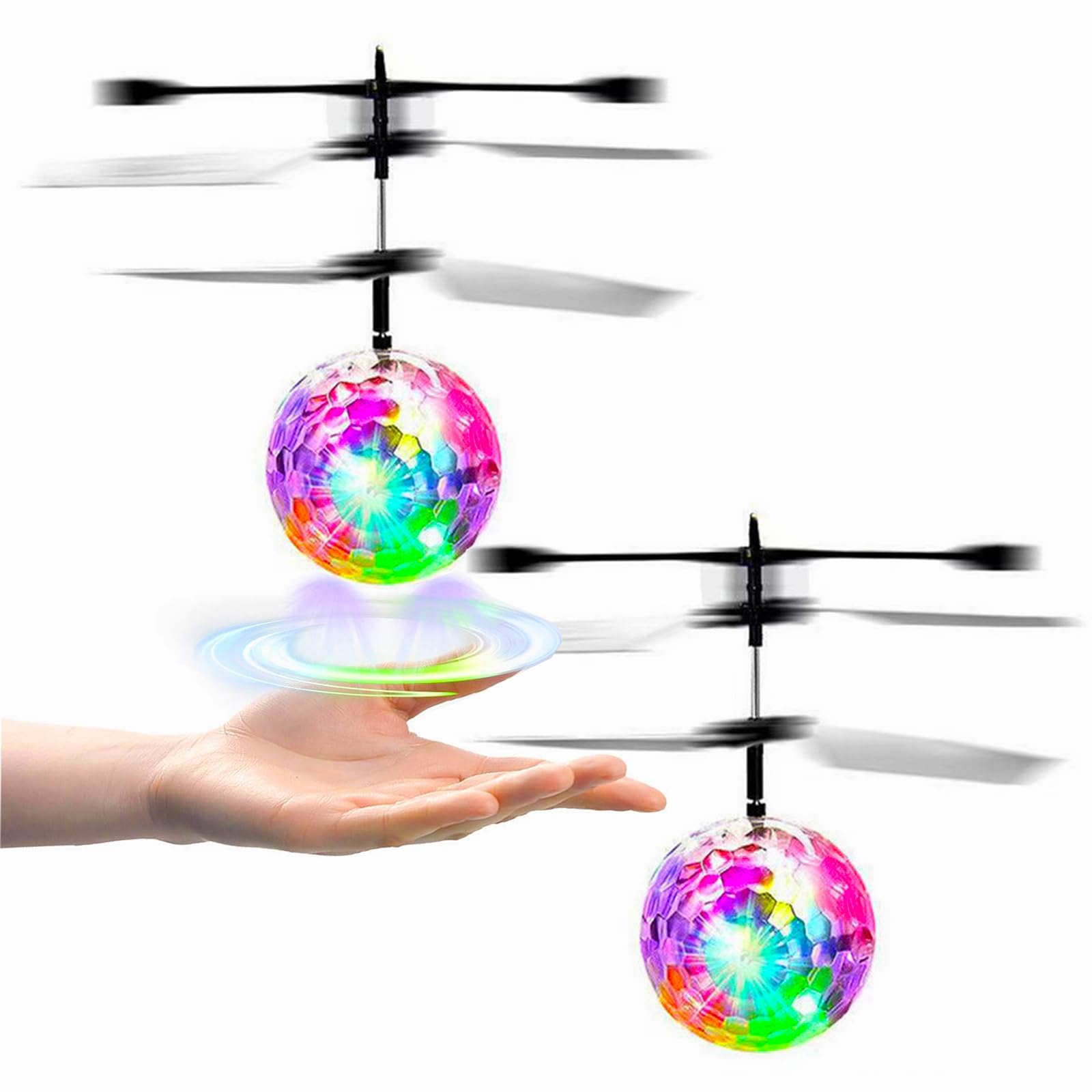 XUBX 2pcs Flying Ball Toys, Kids RC Flying Hover Disco Ball Toy, Safe Palm Infrared Sensor Drone, LED Flash Infrared Induction Indoor Outdoor Garden Interactive Game for Boy Girl Teenager Children