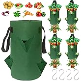 4Pack Upside Down Strawberry Planter, 3 Gallon Hanging Grow Bags for Tomato Vegetables 6 Planting Holes with 4 Hooks,Upside Down Strawberry Plant Hanger Vegetable Planting Bags for House (Dark Green)