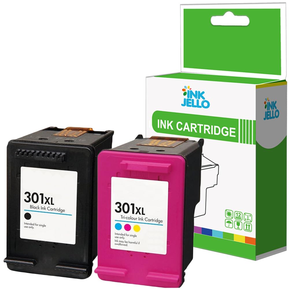 Inkjello Remanufactured Ink Cartridge For Printer, Compatible With HP Deskjet 1000 1010 1050 1050A All-in-One 1510 1512 1514 2050 2050A 2050s 2510 2512 2549 AIO 301XLBK/C (Black/Tri-Colour, 2-Pack)…