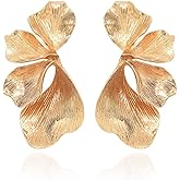 Chunky Gold Texture Big Flower Stud Earring for Women Large Floral Earrings Chic Petals Leaf Shell Angel Wings Earrings Statement Stylish Pretty Jewelry Beachy Vacation Metal Boho Jewelry