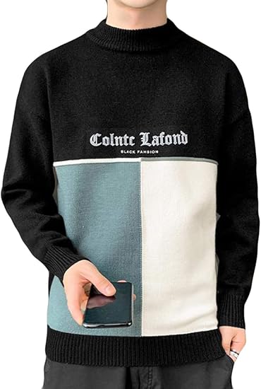 Amazon ニットセーター メンズ 黒 シンプル リブニット トップス オシャレ プリント 上着 メンズ ローゲージセーター 英字付け 保温 暖かい 秋冬 厚手セーター セーター 通販