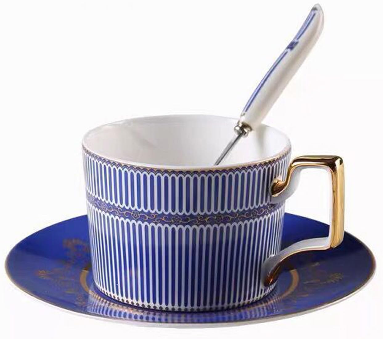 Eplze® Elegant Bone China Cup and Saucer Set, 8oz Coffee Cup for Afternoon Tea- Stripe Pattern (Blue)