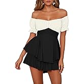 Fixmatti Women's Color Block Romper Off The Shoulder Short Sleeve Ruffle Jumpsuits Playsuit