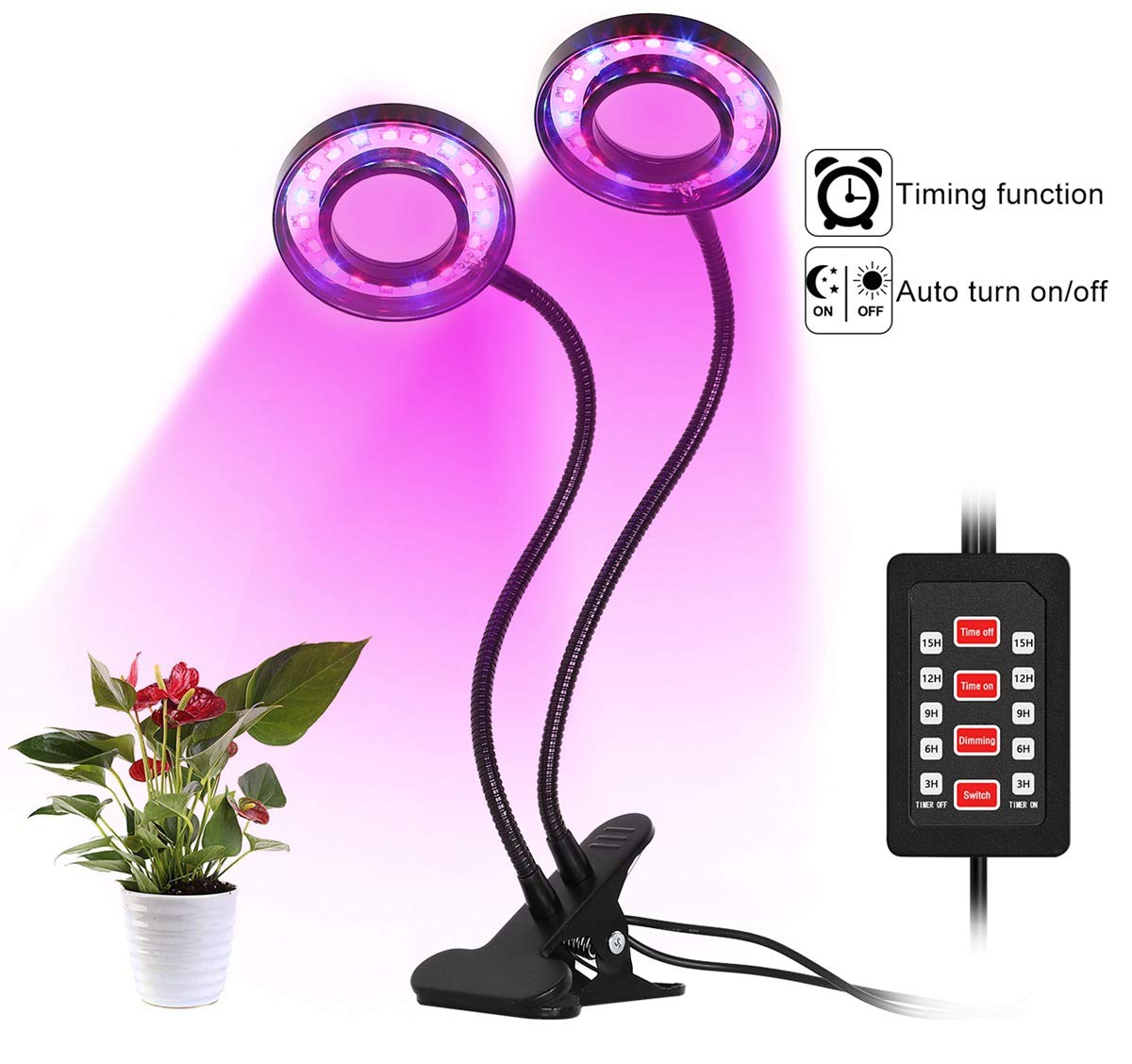 INKERSCOOP Sukkulenten-Licht, 18 W, 36 LEDs, Doppelkopf, 3-6-9-12-15 Timer, 5 dimmbare Stufen, Wachstumslampe, 3 Lichtspektren, wechselt blau/rot/blaues Licht, EU Stecker