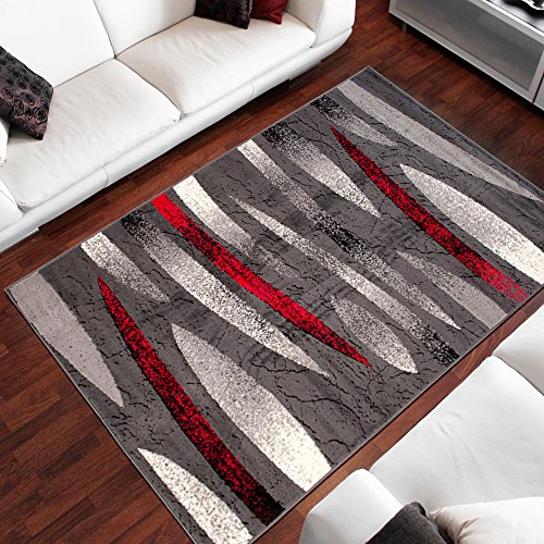 TAPISODream Area Rug Living Room Bedroom Light Dark Grey Red Abstract Pattern Stripes Durable Carpet Size - 250 x 300 cm (8ft2 x 9ft10)OEKO-TEX STANDARD 100