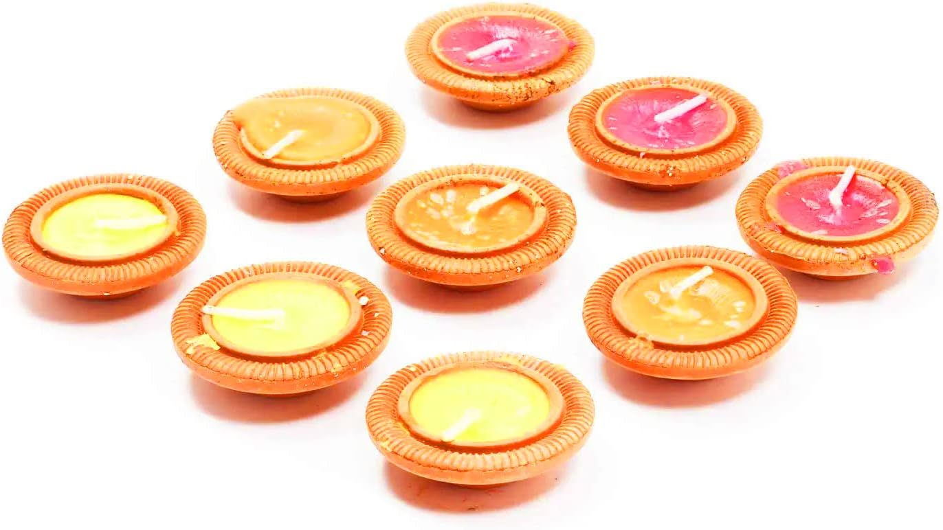 Oil Lamps & Accessories - Set of 9 Wax Diya Diwali Decoration Item Gift Terracotta Colorful Handmade Earthen Decorative Clay Diya Wax Lamp Diwali Gift Box Navratri Puja Festival Lighting