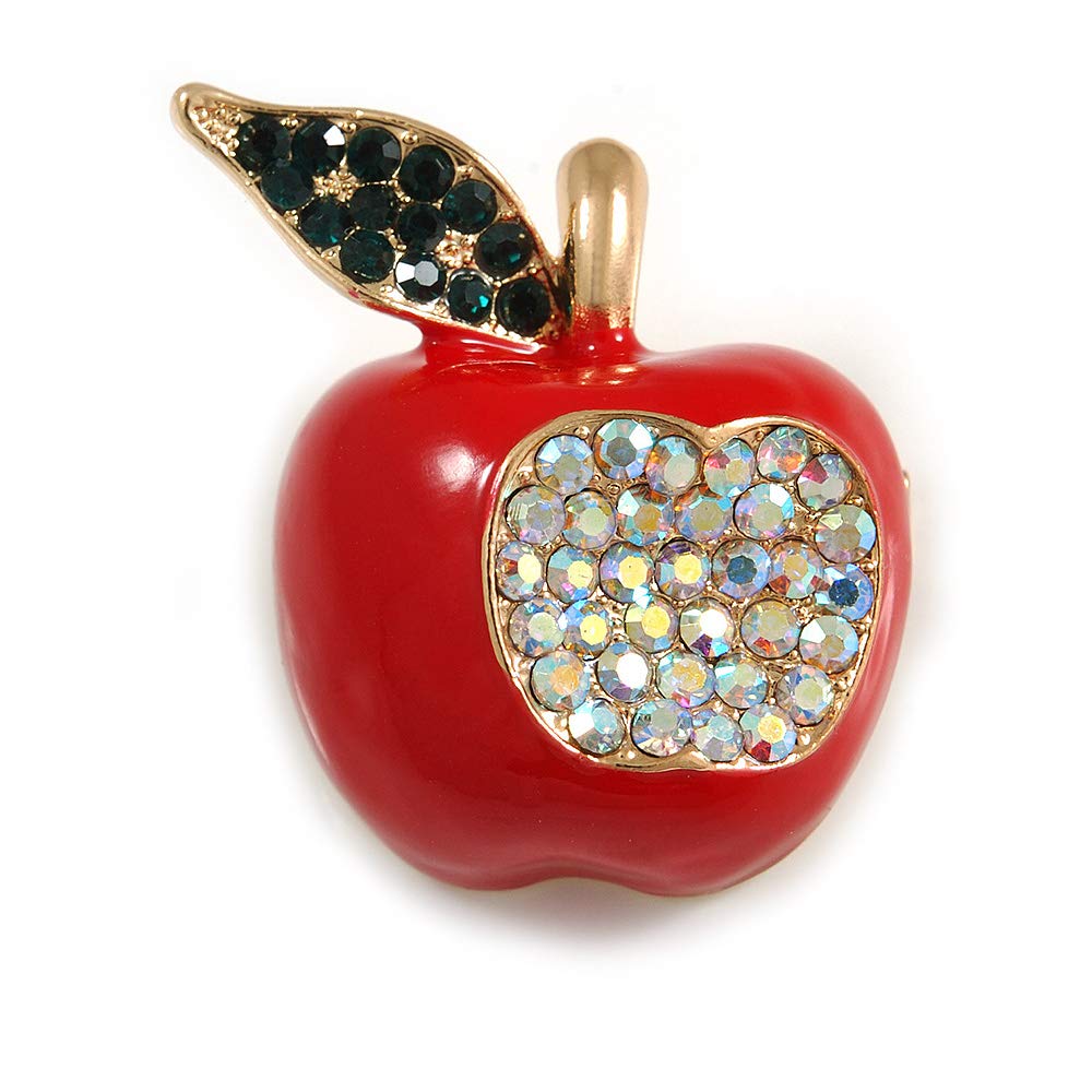 Red Enamel, AB/Dark Green Crystal Apple Brooch In Gold Tone Metal - 30mm Tall