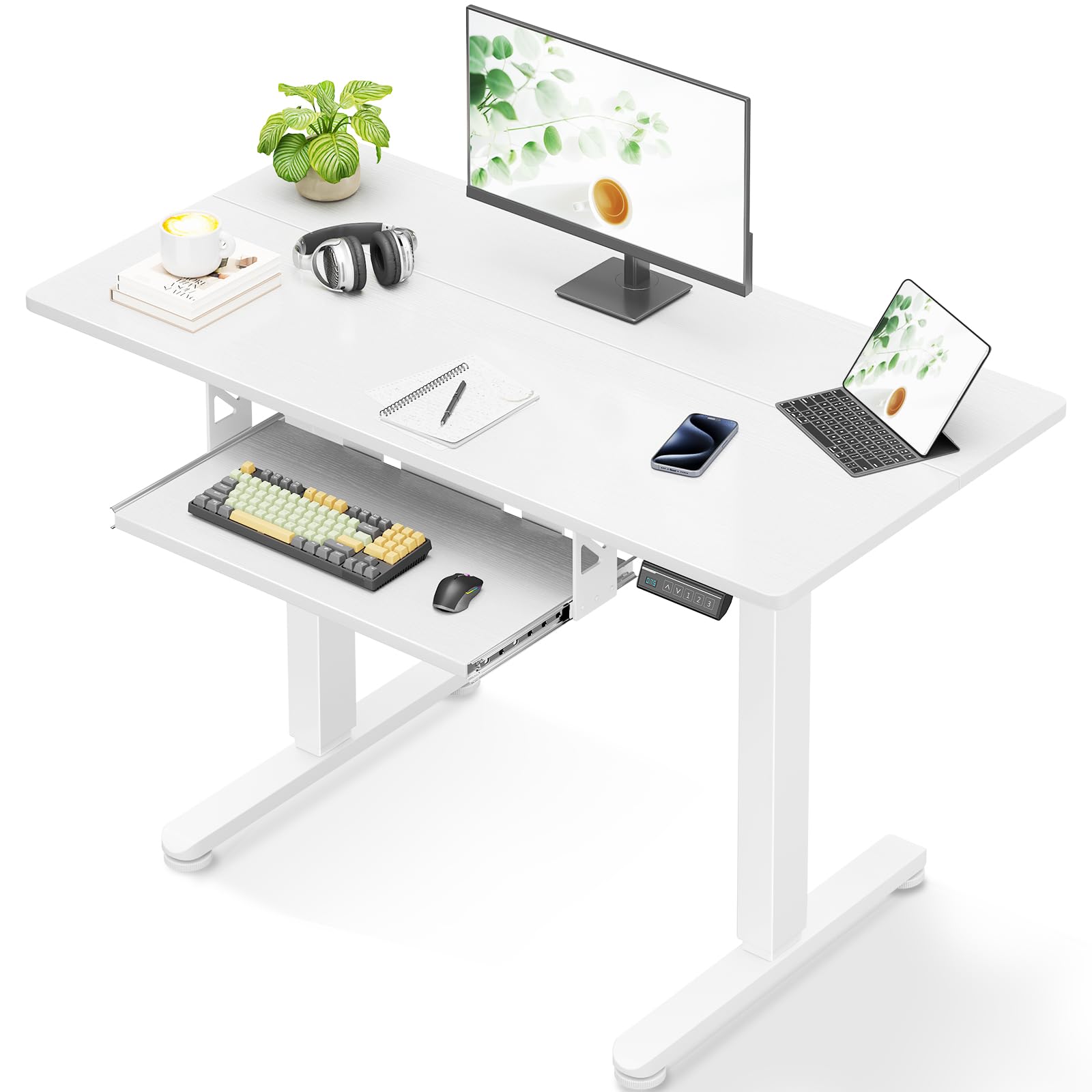 Photo 1 of **It is used and is missing parts, so it is not known if it works at 100%.***Casaottima Electric Standing Desk with Keyboard Tray, 40 Inch Height Adjustable Small Table, Sit Stand Table, Writing Computer Desk for Home, Office, Workstation, White