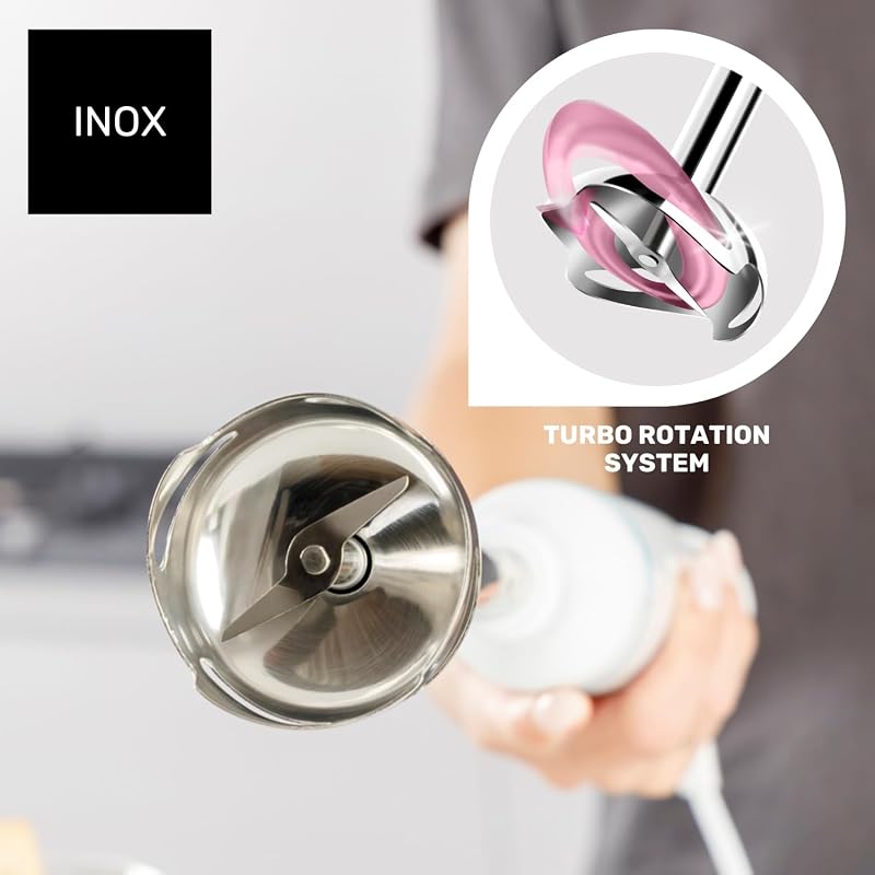 - Batidora de Mano 1000W, Turbo, Cuchillas INOX, Antisalpicaduras