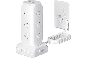 Power Strip Tower, SUPERDANNY 12 Outlets with 35W USB(2 USB-A & 2 USB-C) Charging Station, 1625W/13A, 1700J Surge Protector, 6.5ft Flat Plug Extension Cord with Multiple Outlets for Home, Office, Dorm