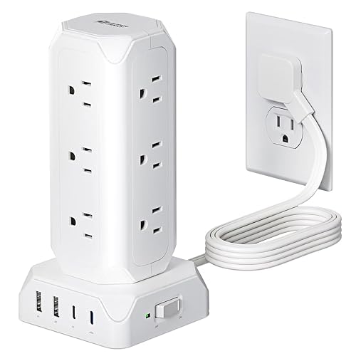 Power Strip Tower, SUPERDANNY 12 Outlets with 35W USB(2 USB-A & 2 USB-C) Charging Station, 1625W/13A, 1700J Surge Protector, 6.5ft Flat Plug Extension Cord with Multiple Outlets for Home, Office, Dorm