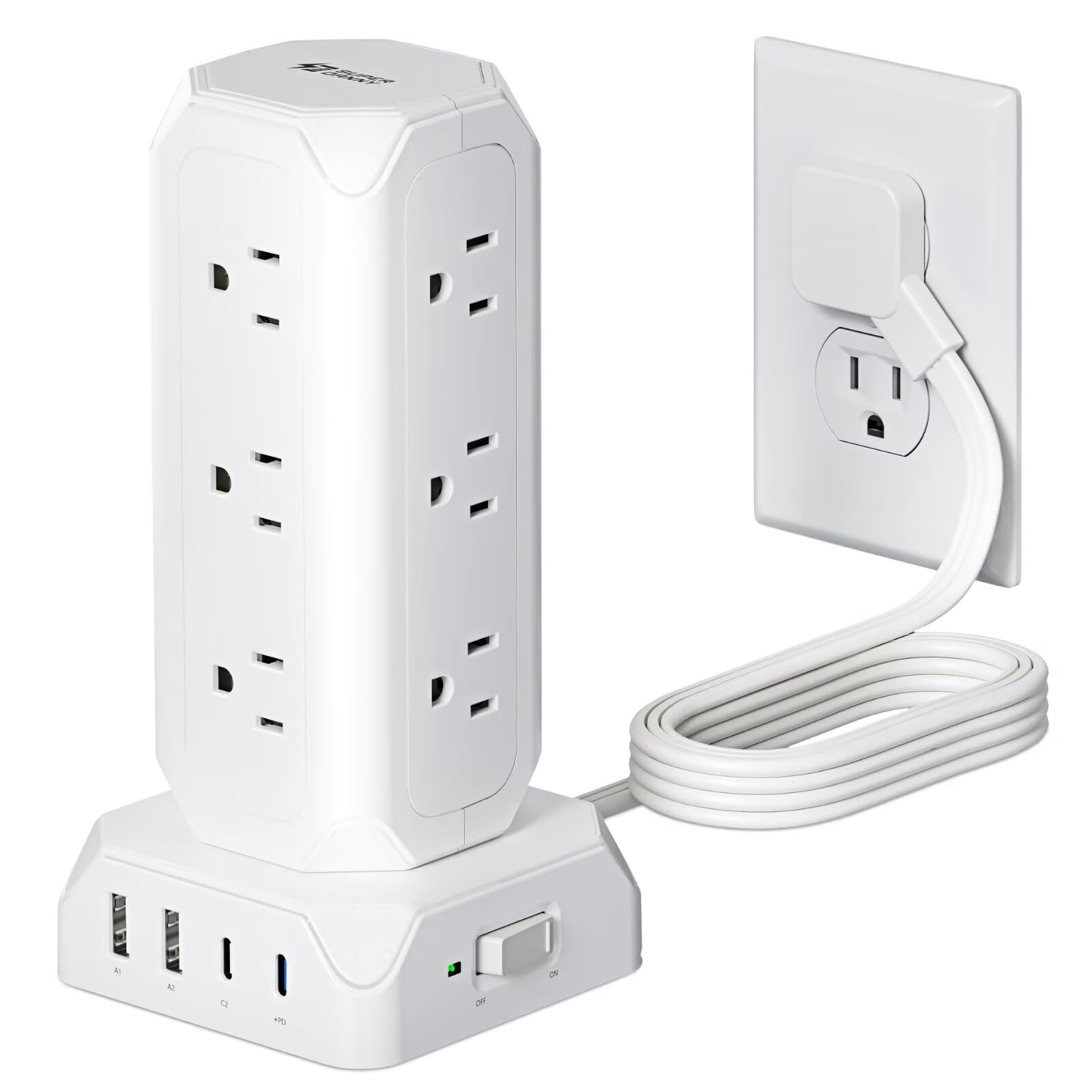 Photo 1 of Power Strip Tower, SUPERDANNY 12 Outlets with 35W USB(2 USB-A & 2 USB-C) Charging Station, 1625W/13A, 1700J Surge Protector, 6.5ft Flat Plug Extension Cord with Multiple Outlets for Home, Office, Dorm