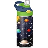 Space Solar System Kids Water Bottle with Straw and Carry Handle Galaxy Stars Vacuum Insulated Stainless Steel Bottles12 oz Green Lid Leak-Proof for Boys Girls Toddler 4-8 Years Old