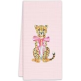 FIicy Pink Leopard Hand Towels - Pink Preppy Coquette Kitchen Towels, PinkCheetah Bow Preppy Decorative Hand Towels for Bathroom Kitchen, PinkPreppy Coquette Bathroom Decor(16x24 Inch)