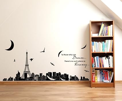 Decals Design Dream Quote with Eiffel Tower Skyline Silhouette View Wall Sticker (PVC Vinyl, 60 cm x 90 cm x 1 cm, Black)