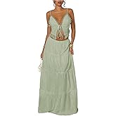Floerns Women's 2 Piece Outfit Lace Trim Tie Front Camisole Top Tiered Maxi Skirts Set