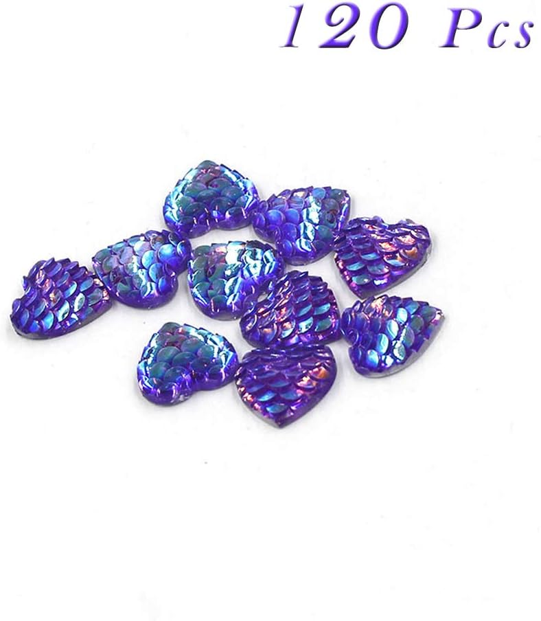 Sparkly Mermaid Scales Cabochons Resin Shining Fish Skin Beads Arts Craft Jewelry Supply, Heart Flat Back, 12mm, 120Psc(Dark Purple)