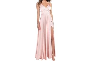 LINDO NOIVA Satin Bridesmaid Dresses for Women 2025 Spaghetti Straps V Neck Prom Dresses A Line Formal Party Dress with Slit LNL054