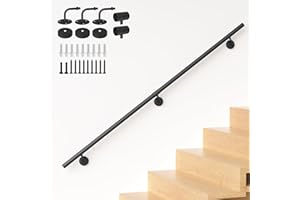 KWDOBUUS 6FT Industrial Metal Stair Handrail,Round Pipe Stair Railing for Indoor/Outdoor Steps,Wall Mount Support Staircase Handrails,440LBS Load Capacity Hand Rails,Safety Grab Bar Porch Stairway Railing