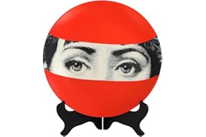 AlphaDesignLuxe 8″ Ceramic Decorative Wall Plate – Red Portrait Italian-Style Modern Art Design, Elegant Tabletop or Wall Décor Accent, Gift-Ready with Hanging Hook & Wooden Stand – Hidden Gaze