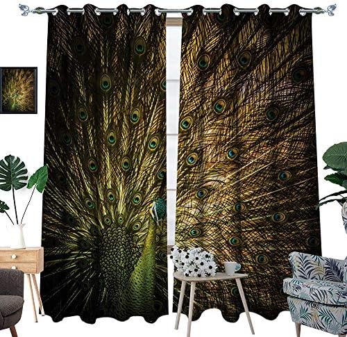 RenteriaDecor Peacock Waterproof Window Curtain Portrait of Male Peacock with Feathers Out Picture in Dark Colors Modern Home Blackout Draperies for Bedroom W72 x L96 Mustard Green