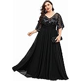 MIMIFINA Women's Plus Size V Neck Lace Sequin Embellished with Pleat Waist Contrast Chiffon Long Formal Evening Party Dress
