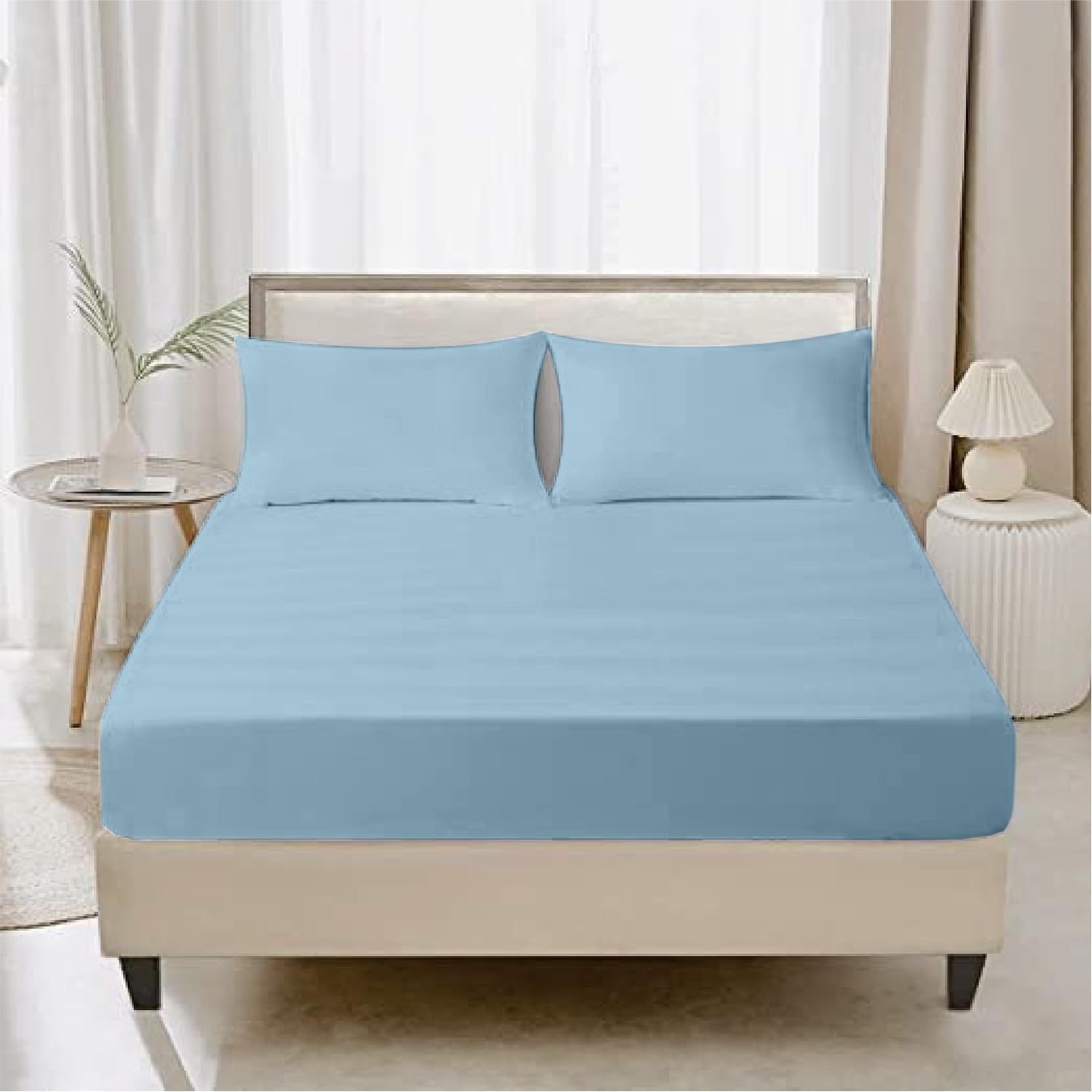 Kotton Culture Deep Sheets King Size Fitted Sheet 100% Egyptian Cotton 48cm extra deep with Two Pillowcases 600 Thread Count Bottom Sheets (150x200cm, Sky)