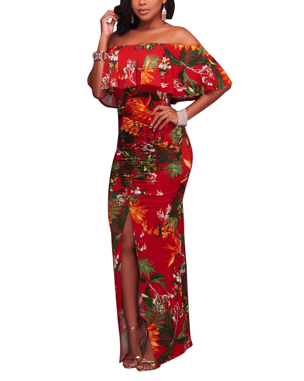 Vintage Floral Printed Off Shoulder Bodycon Maxi Dress - Ruffle Long Party Dress