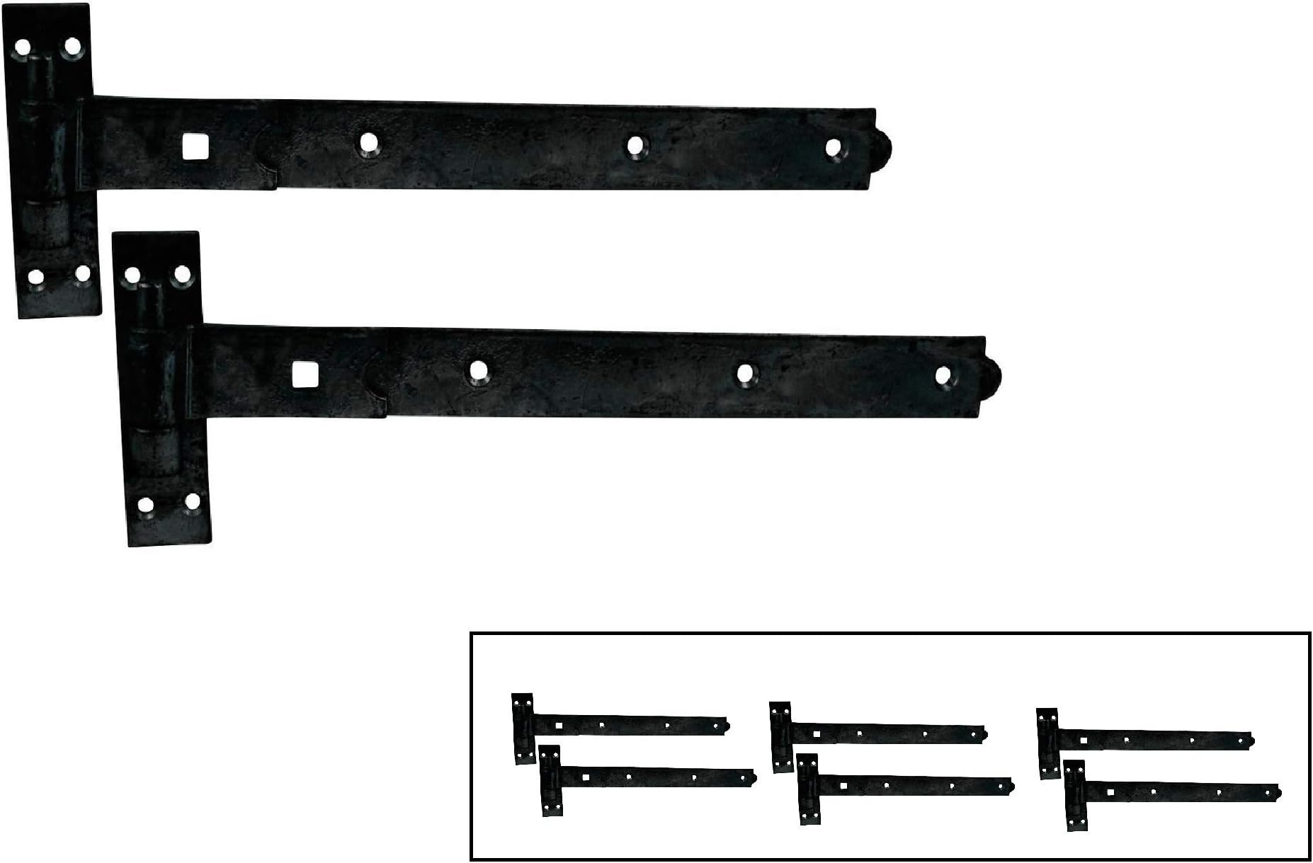 Gate Hinges Straight 450mm 18" 3 x Pair Black Heavy Duty Hook and Band Hinge