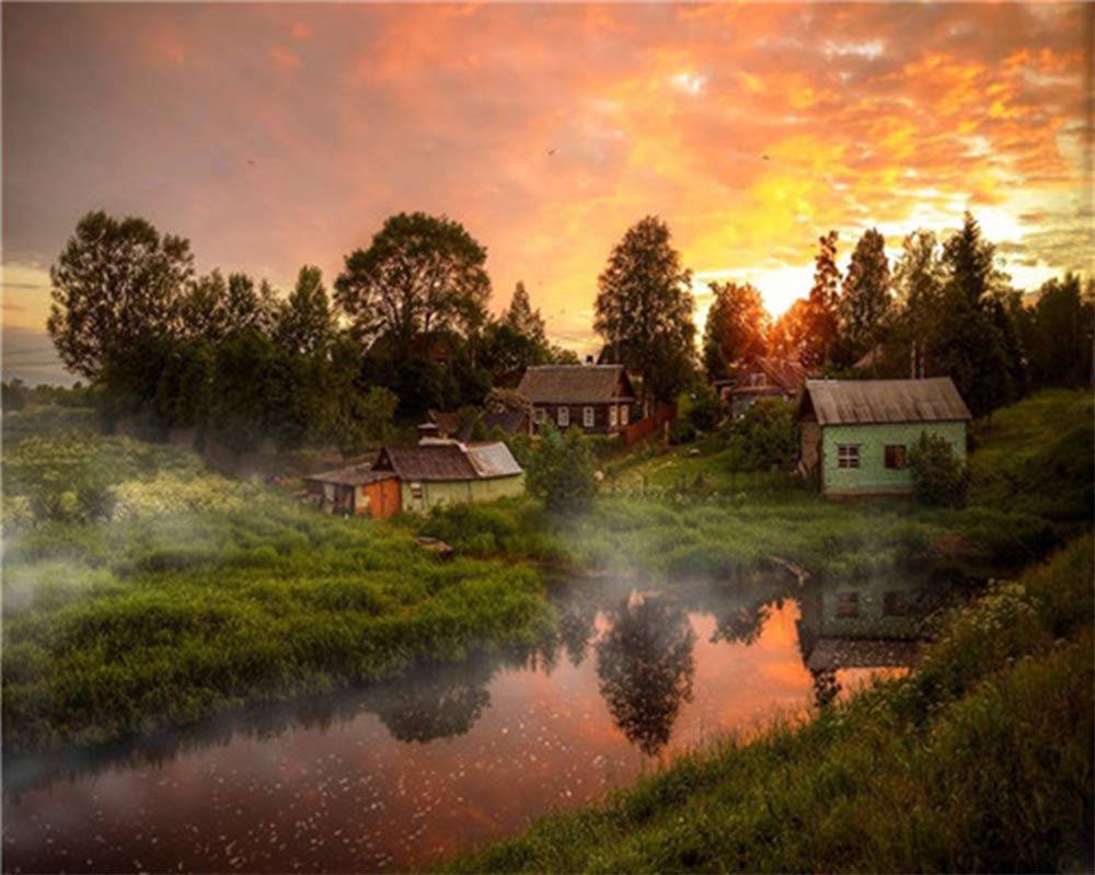 YEESAM ART Paint by Numbers for Adults Beginner, Sunset River Landscape 16x20 Inch Linen Canvas Acrylic DIY Number Painting Kits for Home Wall Decor