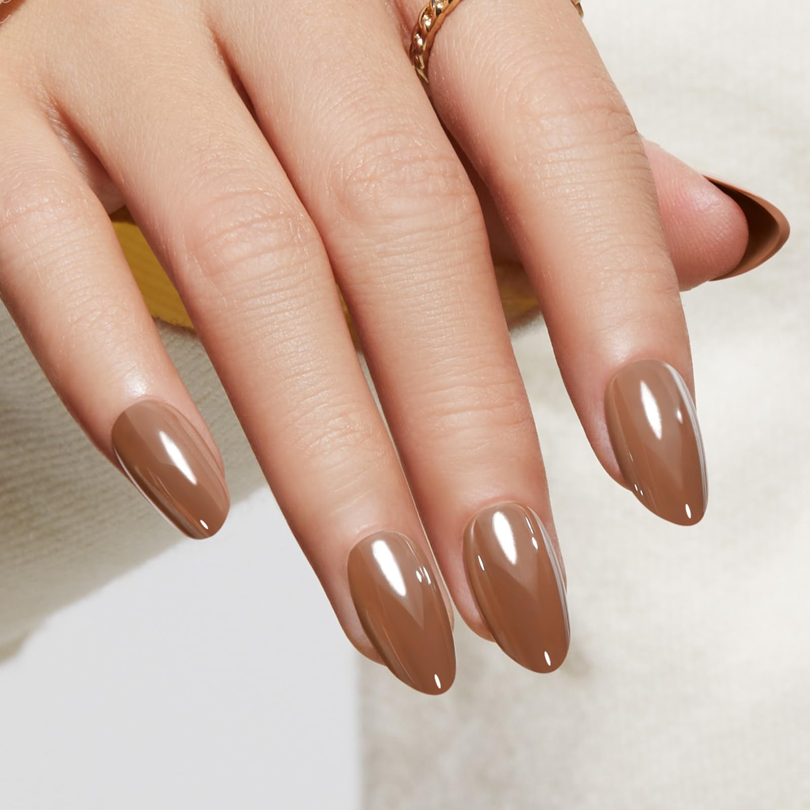 Modelones 32Pcs Fall Press on Nails Almond, Upgrade Short Chrome Brown Fake Nails, Reusable Nail Kit with Nail Glue Adhesive Tabs Mini Nail File, Nails Press Ons 16 Sizes